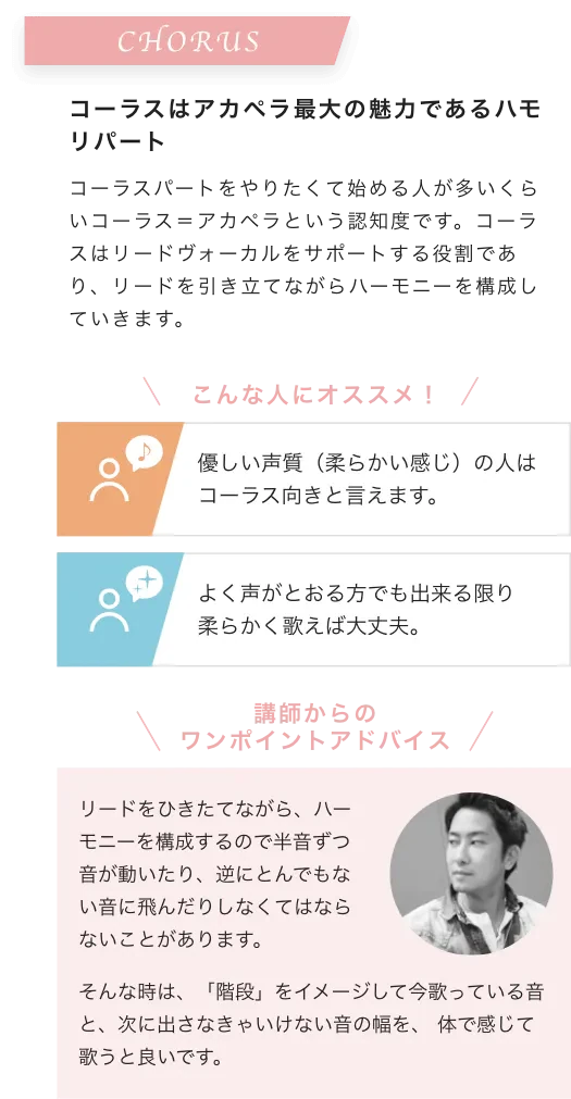 CHORUS コーラスはアカペラ最大の魅力であるハモリパート コーラスパートをやりたくて始める人が多いくらいコーラス＝アカペラという認知度です。コーラスはリードヴォーカルをサポートする役割であり、リードを引き立てながらハーモニーを構成していきます。こんな人にオススメ！優しい声質（柔らかい感じ）の人はコーラス向きと言えます。よく声がとおる方でも出来る限り柔らかく歌えば大丈夫。講師からのワンポイントアドバイス リードをひきたてながら、ハーモニーを構成するので半音ずつ音が動いたり、逆にとんでもない音に飛んだりしなくてはならないことがあります。そんな時は、「階段」をイメージして今歌っている音と、次に出さなきゃいけない音の幅を、 体で感じて歌うと良いです。