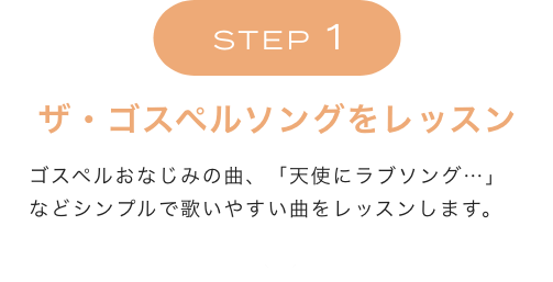 STEP1 ザ・ゴスペルソングをレッスン　ゴスペルおなじみの曲、「天使にラブソング…」などシンプルで歌いやすい曲をレッスンします。